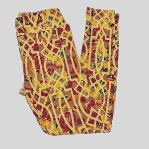 LuLaRoe Women's Leggings One Size Yellow Red Leggings Geometric Trellis Floral
